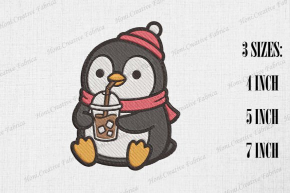 Cute Penguin Loves Iced Coffee Embroidery Design